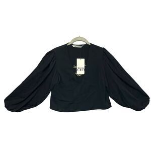 Zara Cropped Balloon Sleeve Gold Chain V-Neck Top NWT Sz XS Black Lightweight